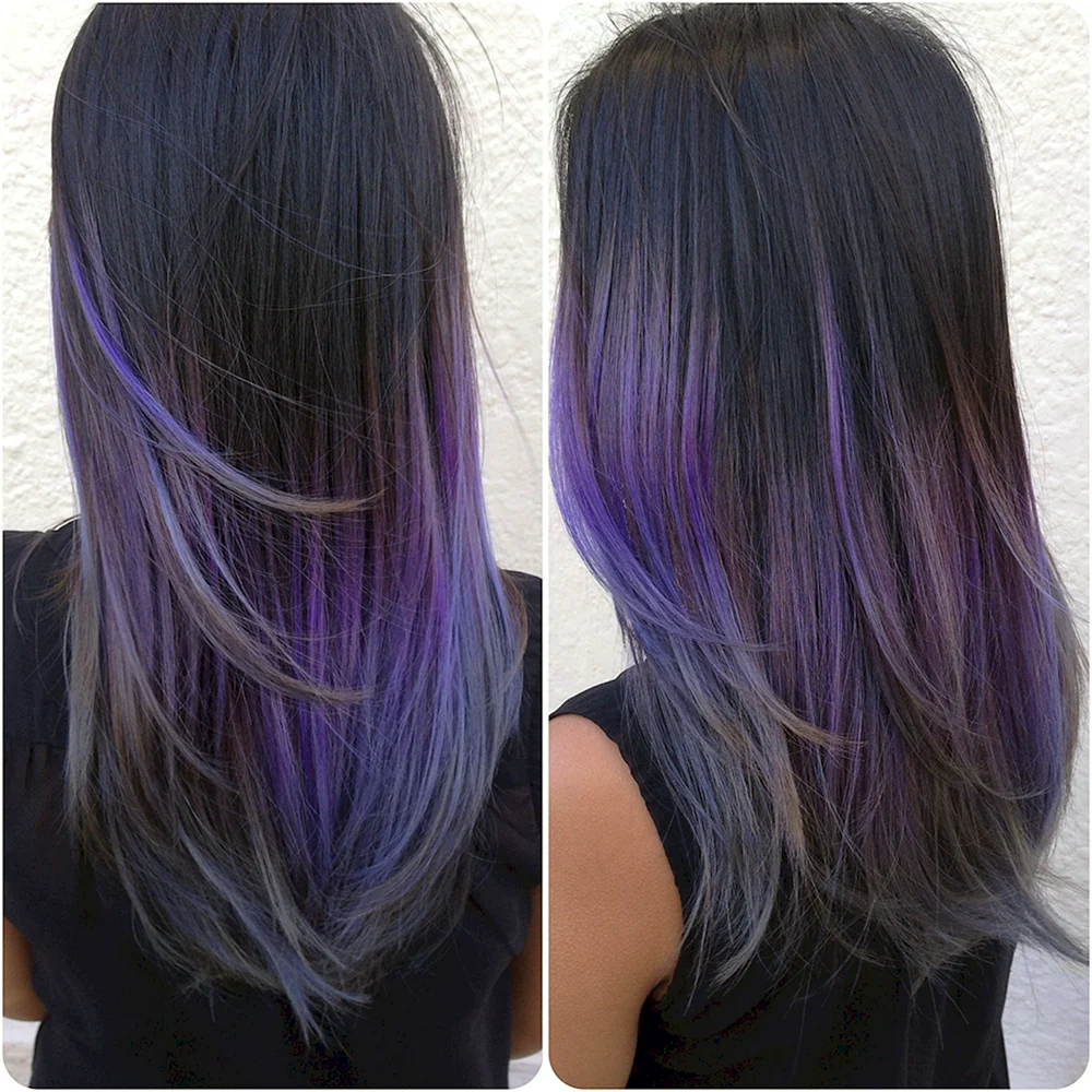 Балаяж окрашивание на темные волосы фиолетовым