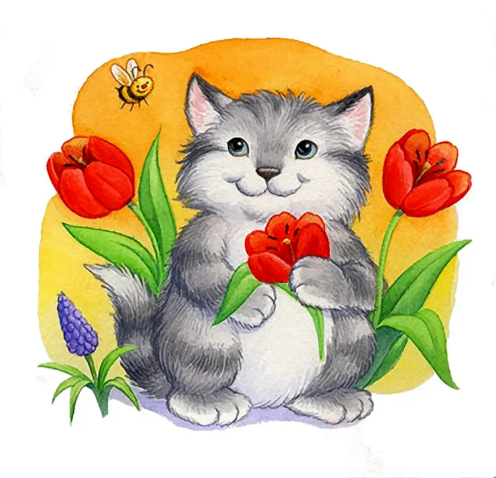 Мультяшный кот с цветами