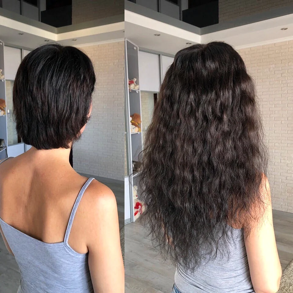 Нарощенные волнистые волосы до и после