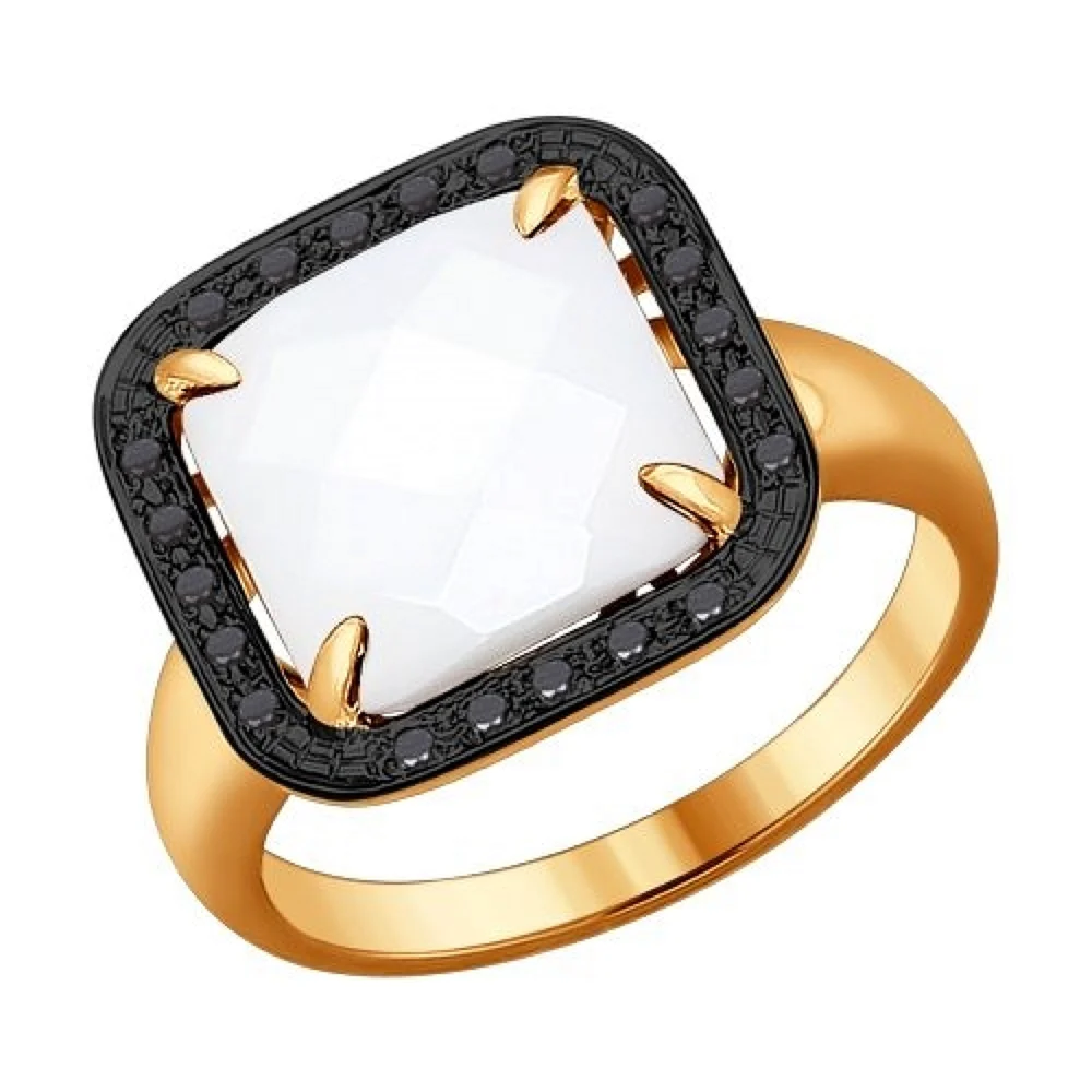 Золотое кольцо черный квадрат керамика с бриллиантами